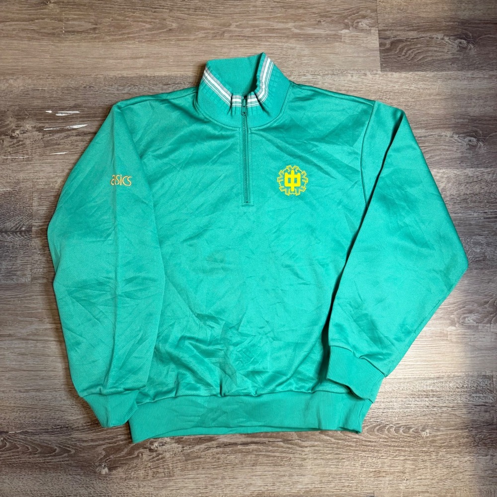 Vintage Asics Quarter Zip Pullover Green Yellow Graphic Mock Neck Sweatshirt